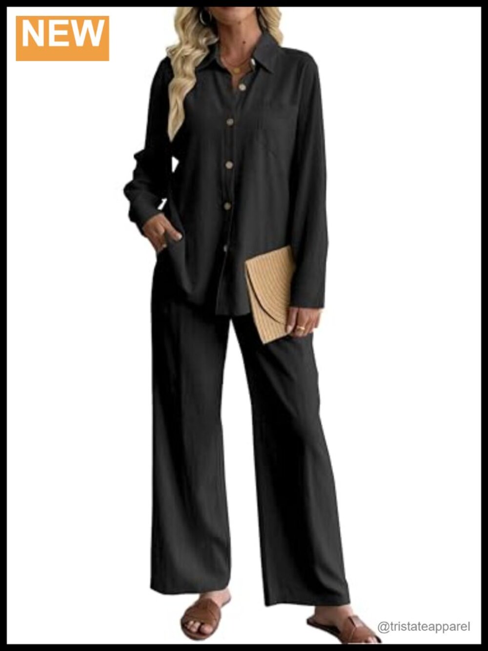 Linen Blend 2 Piece Pant Set Long Sleeve Button Down Shirt Wide Leg Pants